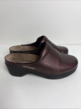 Mephisto Mules Womens 39 9 Purple Red Metallic Leather Slip On Round Toe Shoes